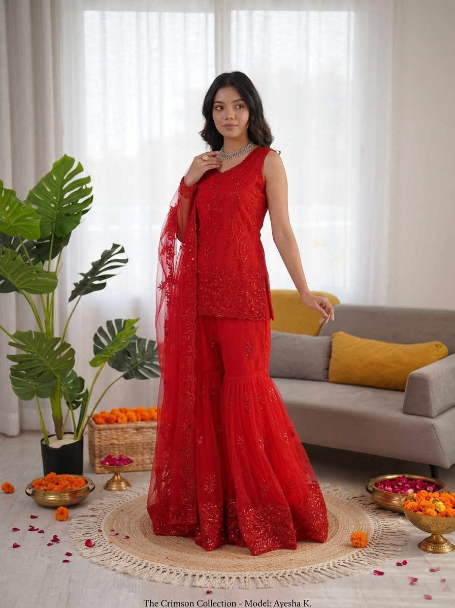 Prazu Fashion Red Net Thread With Sequence Designer Sharara Suit | Grocsy