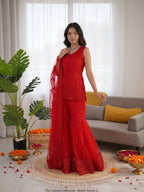 Prazu Fashion Red Net Thread With Sequence Designer Sharara Suit | Grocsy
