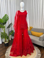 Prazu Fashion Red Net Thread With Sequence Designer Sharara Suit | Grocsy
