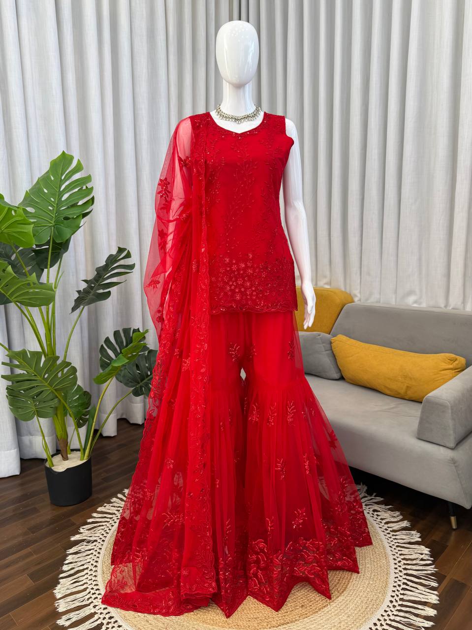 Prazu Fashion Red Net Thread With Sequence Designer Sharara Suit | Grocsy