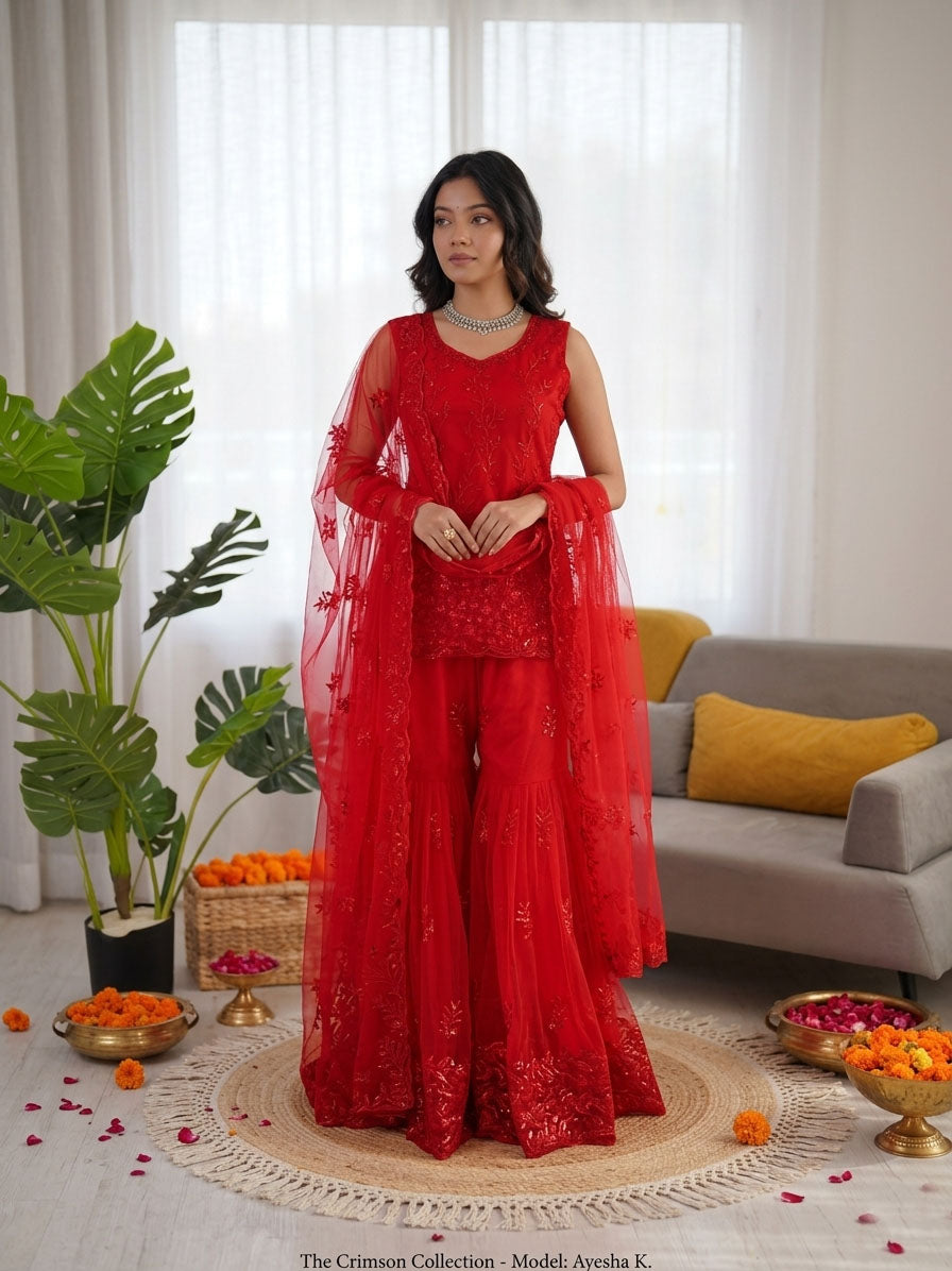 Prazu Fashion Red Net Thread With Sequence Designer Sharara Suit | Grocsy