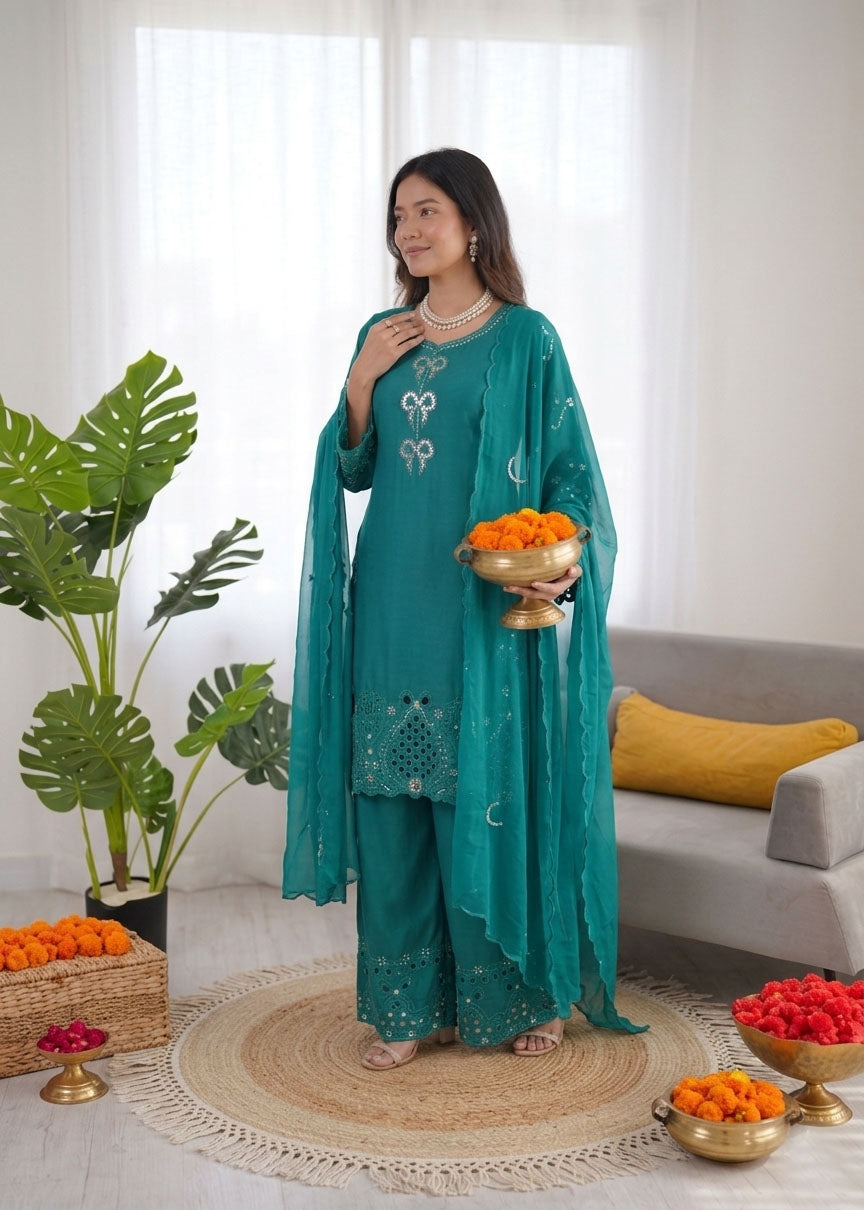 Prazu Fashion Teal Crepe Silk Thread Work Designer Salwar Suit | Grocsy