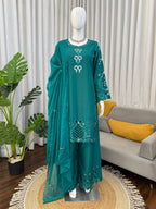 Prazu Fashion Teal Crepe Silk Thread Work Designer Salwar Suit | Grocsy