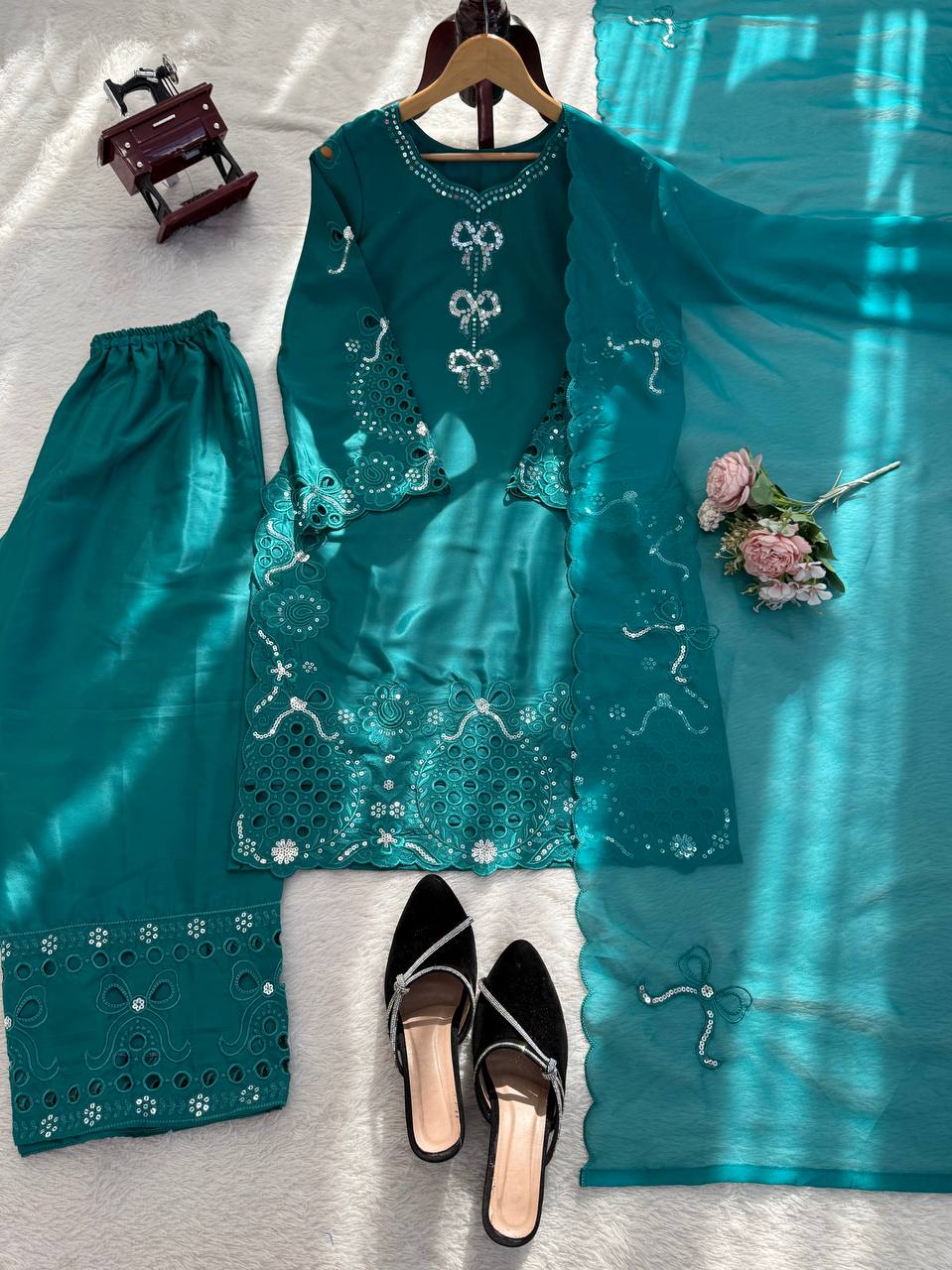 Prazu Fashion Teal Crepe Silk Thread Work Designer Salwar Suit | Grocsy