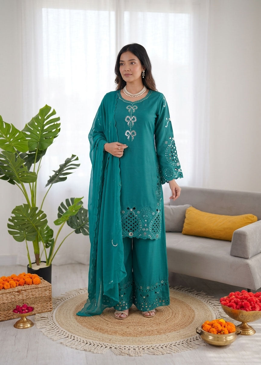 Prazu Fashion Teal Crepe Silk Thread Work Designer Salwar Suit | Grocsy
