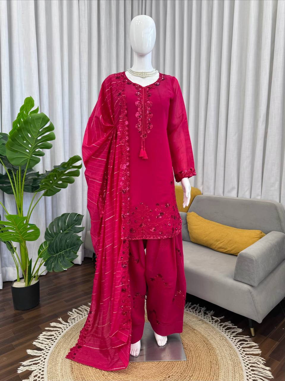 Prazu Fashion Pink Mull Chanderi Thread With Sequence Farshi Palazzo Suit | Grocsy