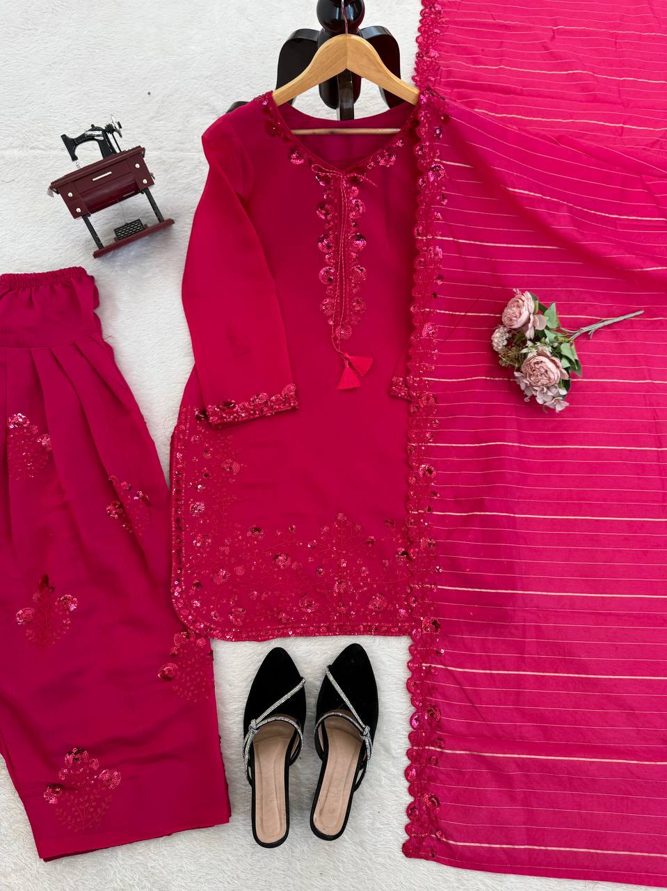 Prazu Fashion Pink Mull Chanderi Thread With Sequence Farshi Palazzo Suit | Grocsy