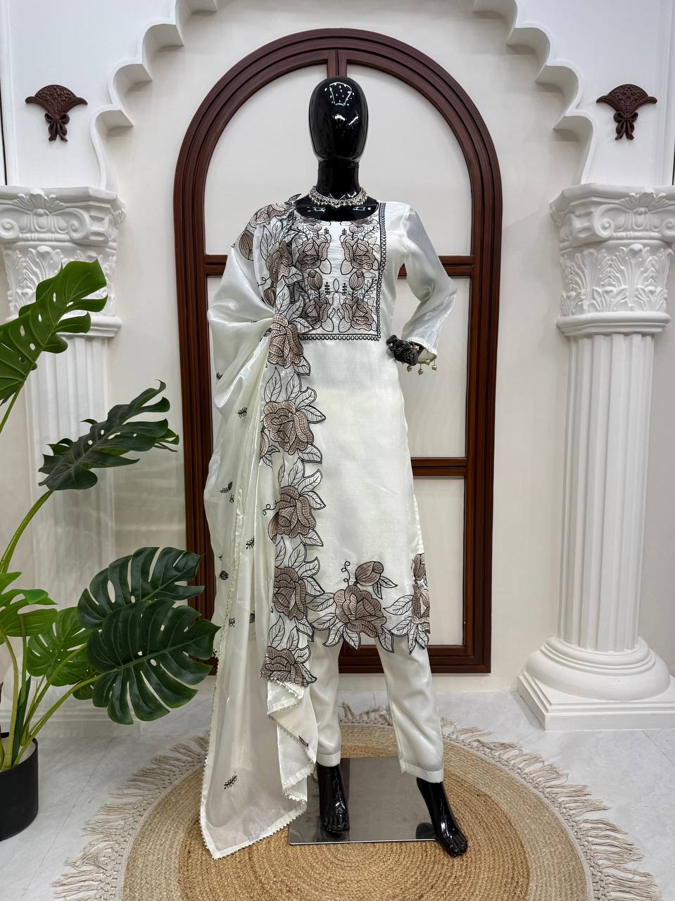 Prazu Fashion Off White Art Silk Thread Work Designer Salwar Suit | Grocsy