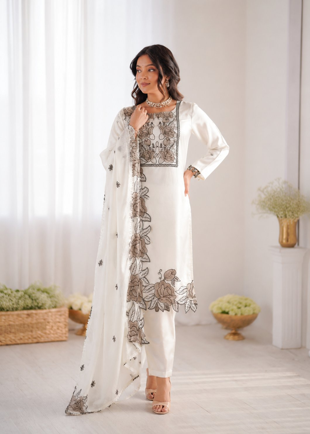 Prazu Fashion Off White Art Silk Thread Work Designer Salwar Suit | Grocsy