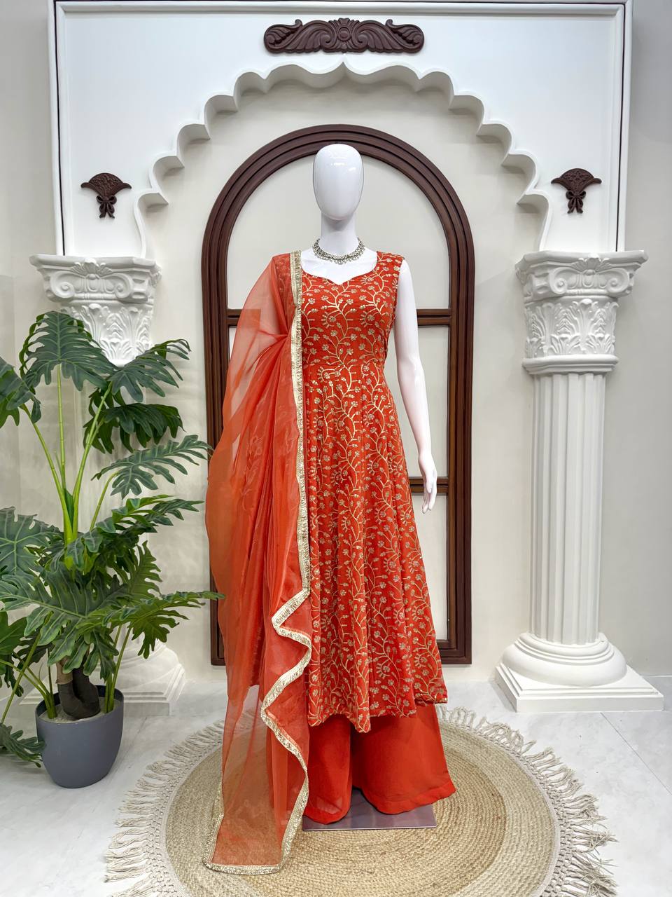 Prazu Fashion Rust Orange Georgette Thread With Sequence Designer Palazzo Suit | Grocsy