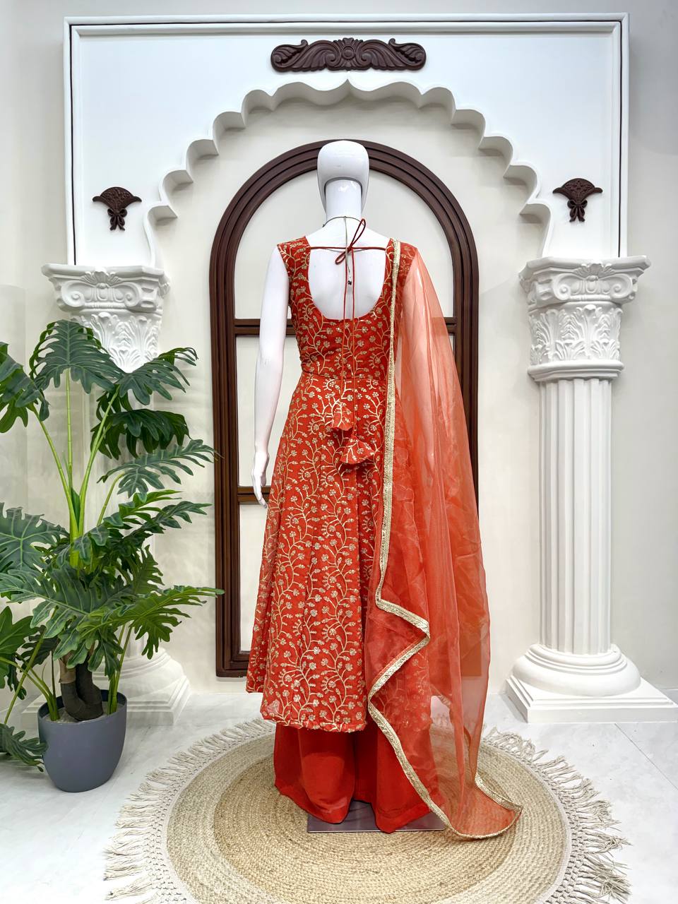 Prazu Fashion Rust Orange Georgette Thread With Sequence Designer Palazzo Suit | Grocsy