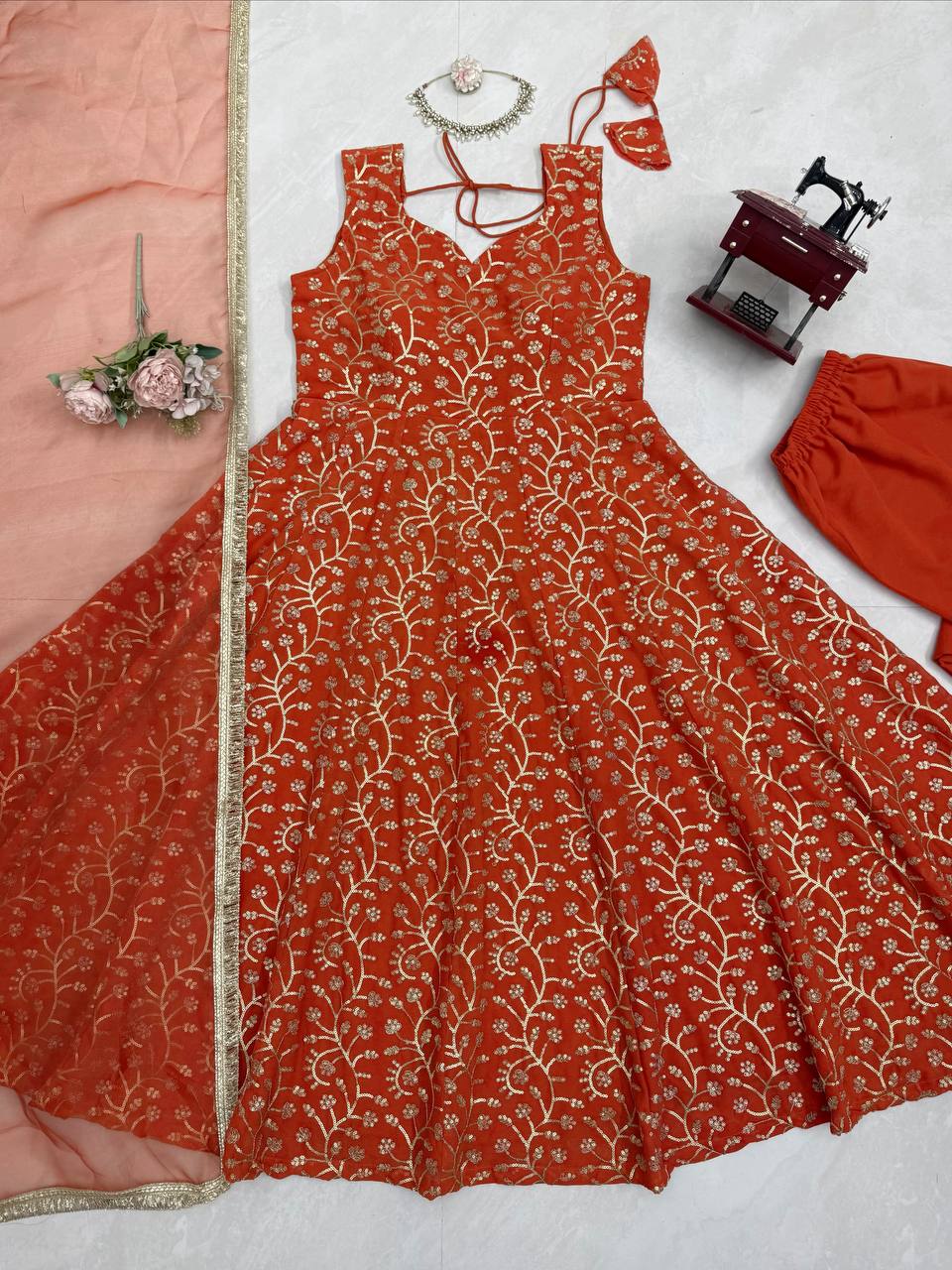 Prazu Fashion Rust Orange Georgette Thread With Sequence Designer Palazzo Suit | Grocsy