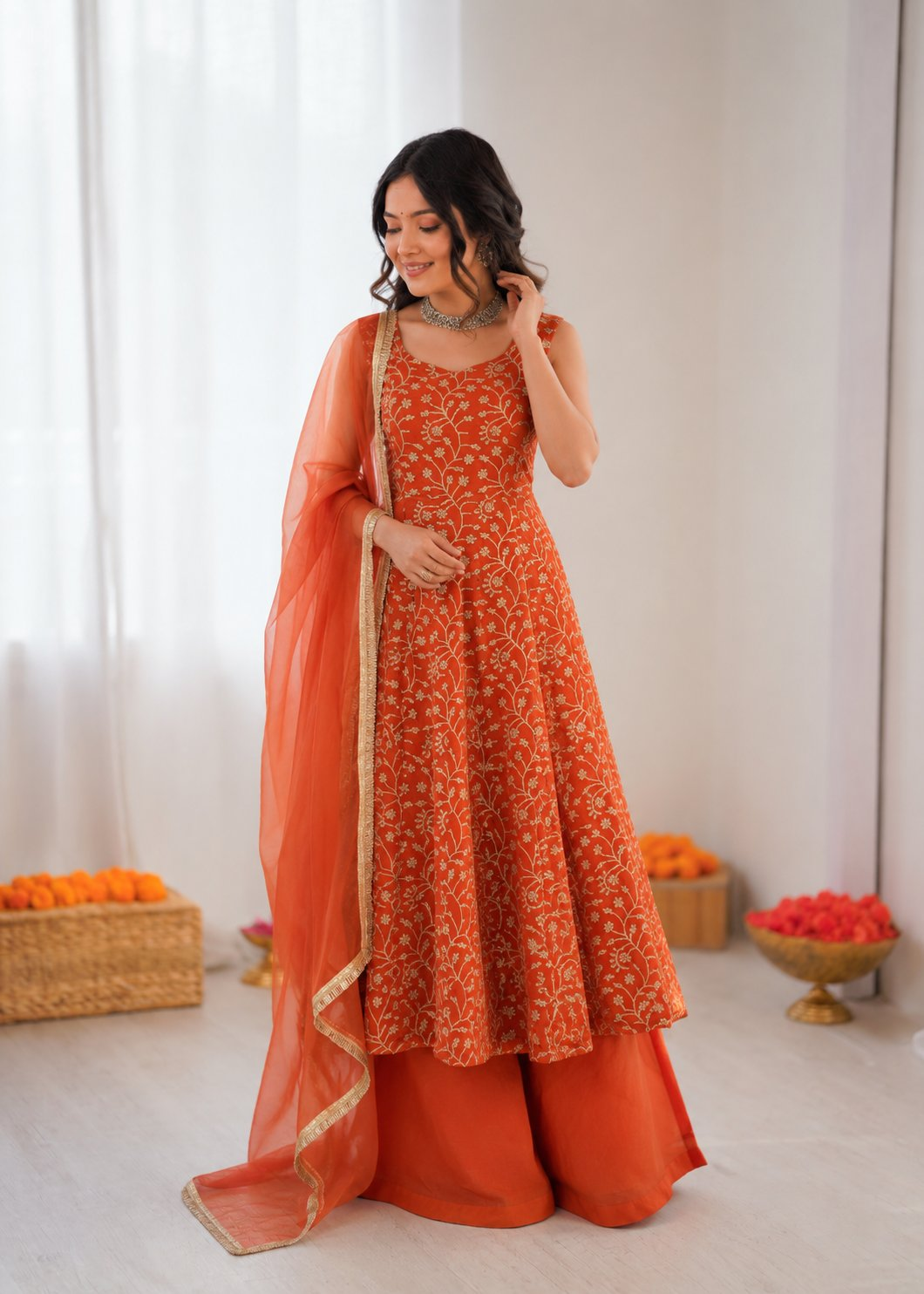 Prazu Fashion Rust Orange Georgette Thread With Sequence Designer Palazzo Suit | Grocsy