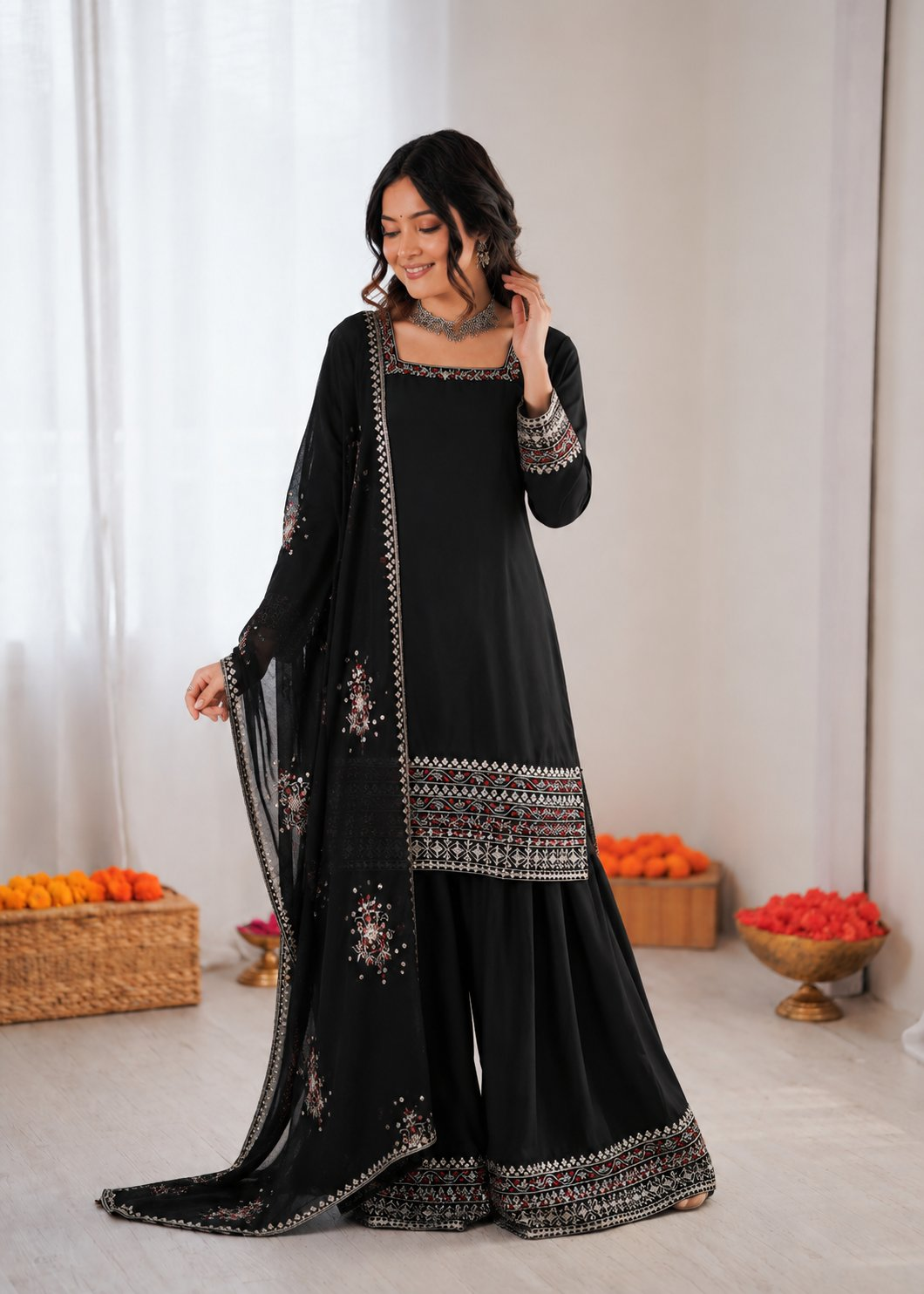 Prazu Fashion Black Crepe Thread With Sequence Designer Farshi Palazzo Suit | Grocsy