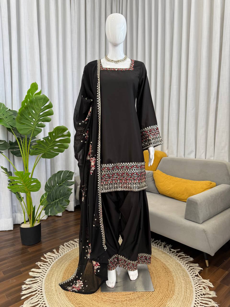 Prazu Fashion Black Crepe Thread With Sequence Designer Farshi Palazzo Suit | Grocsy