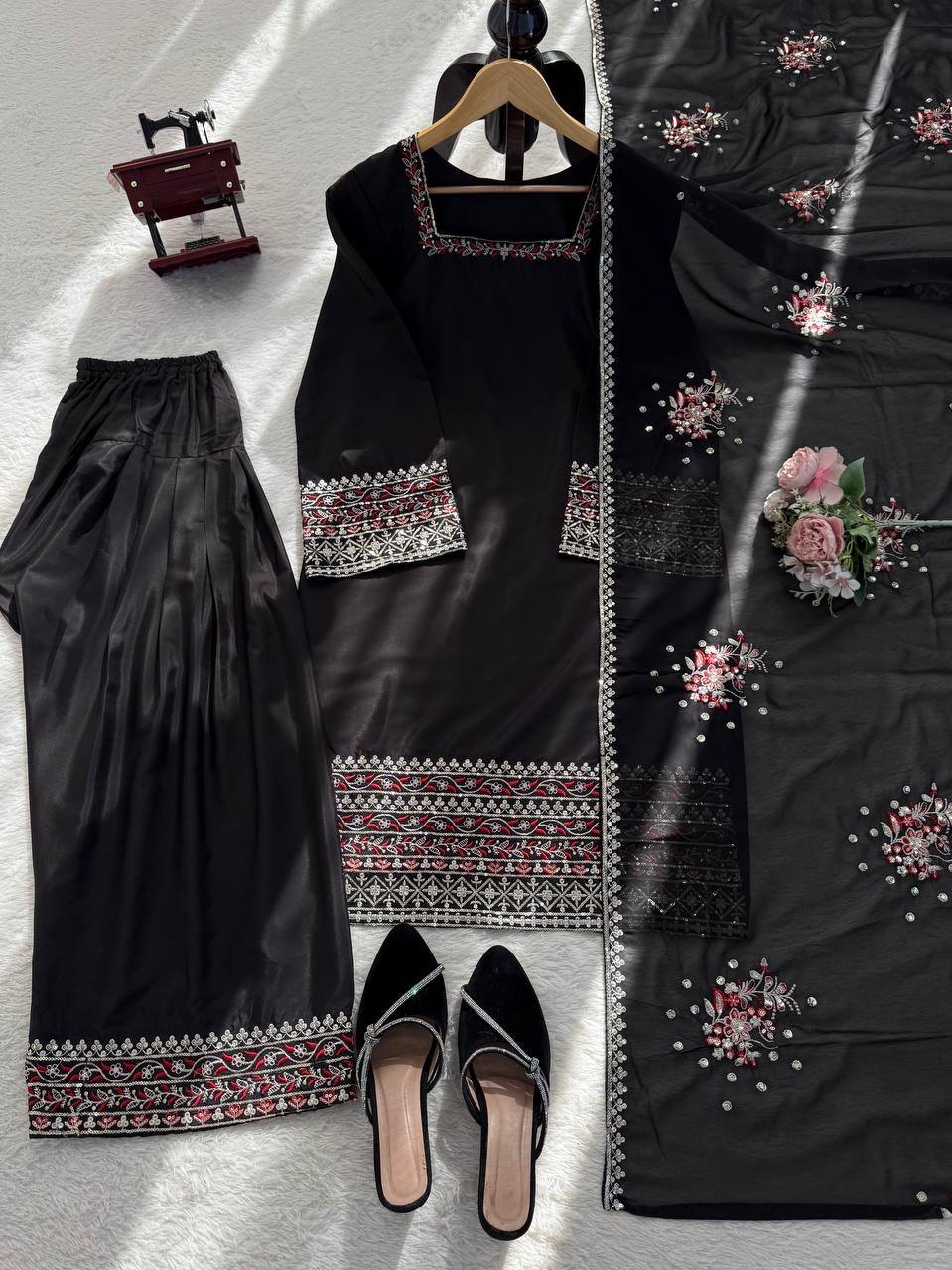 Prazu Fashion Black Crepe Thread With Sequence Designer Farshi Palazzo Suit | Grocsy