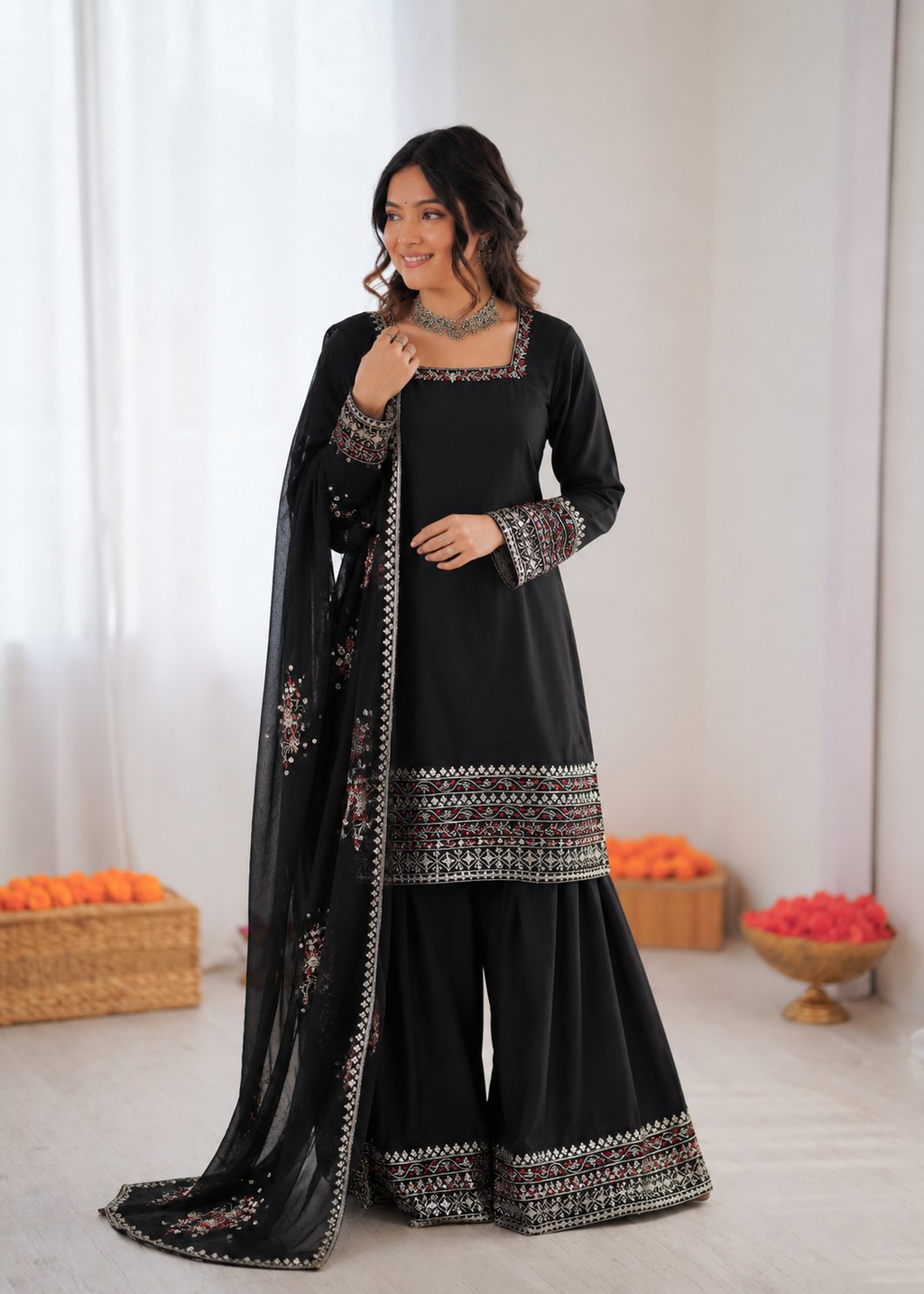 Prazu Fashion Black Crepe Thread With Sequence Designer Farshi Palazzo Suit | Grocsy