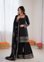 Prazu Fashion Black Crepe Thread With Sequence Designer Farshi Palazzo Suit | Grocsy