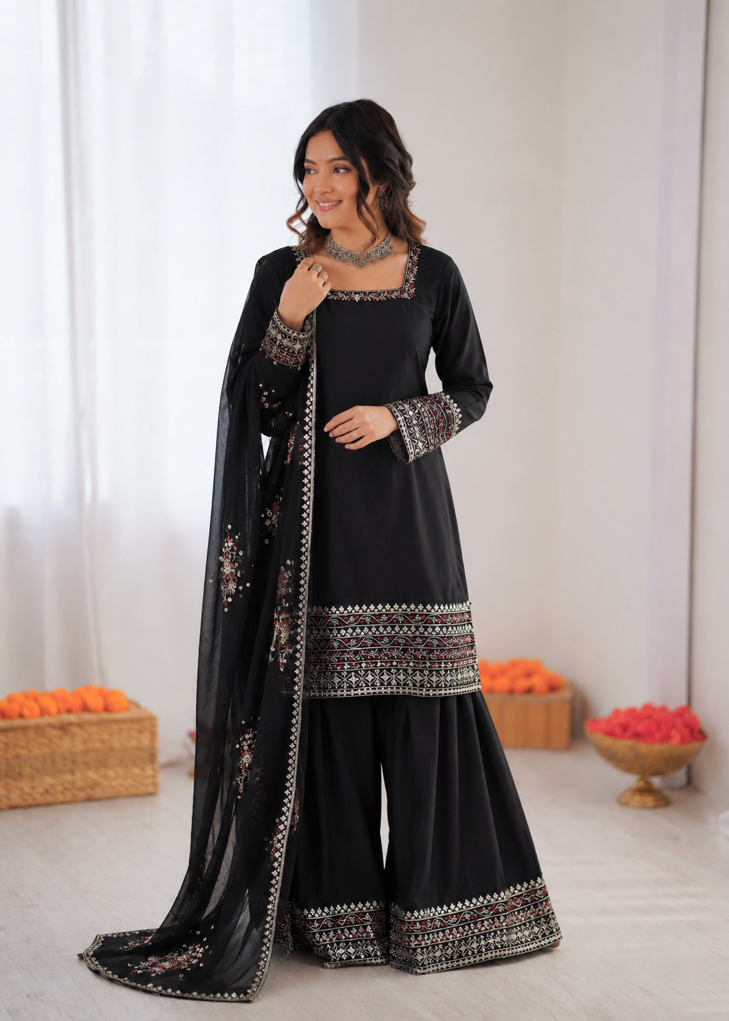Prazu Fashion Black Crepe Thread With Sequence Designer Farshi Palazzo Suit | Grocsy