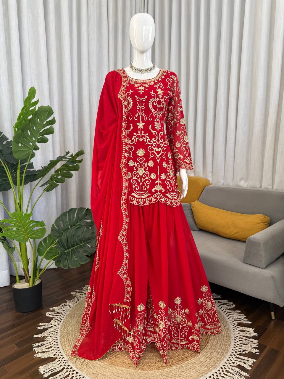 Prazu Fashion Red Georgette Thread Work Designer Sharara Suit | Grocsy