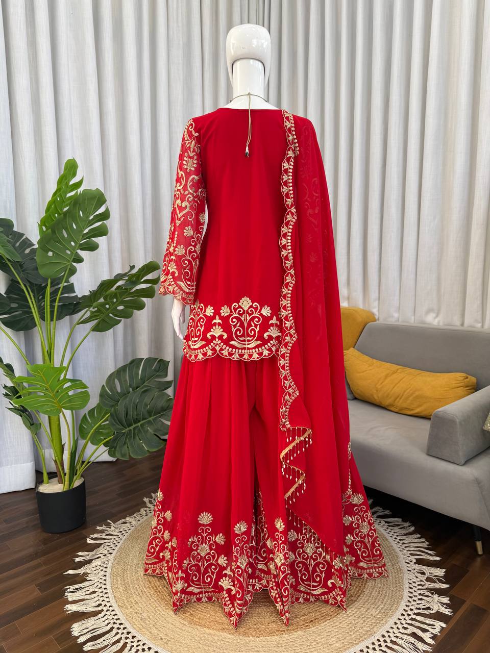 Prazu Fashion Red Georgette Thread Work Designer Sharara Suit | Grocsy