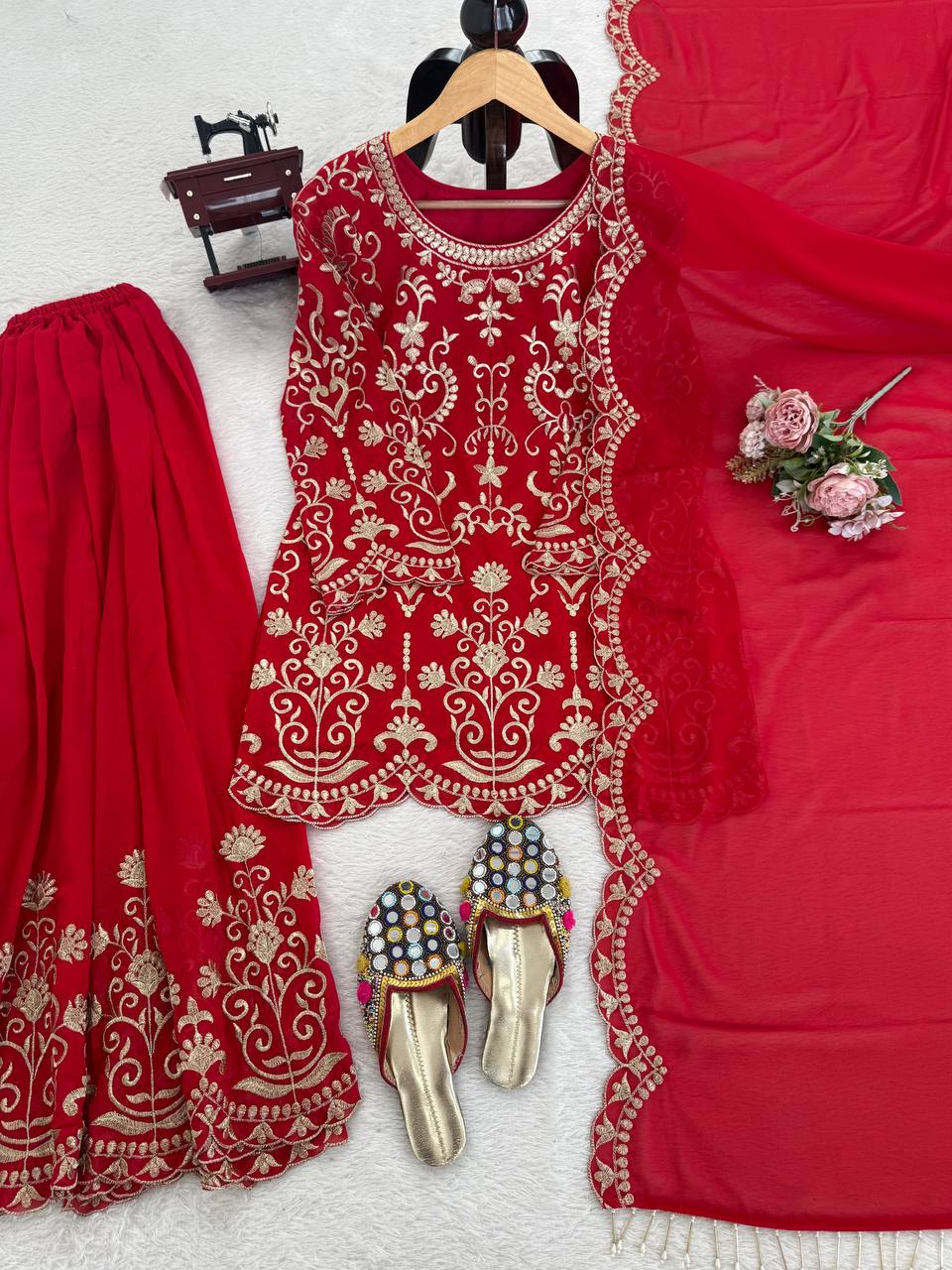 Prazu Fashion Red Georgette Thread Work Designer Sharara Suit | Grocsy