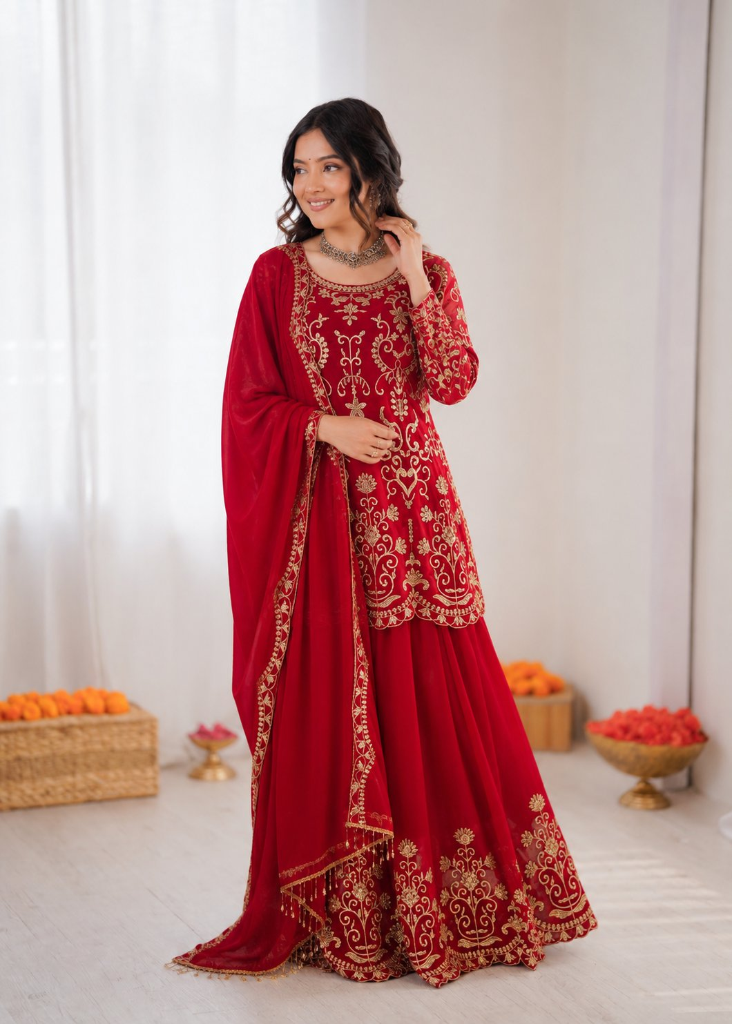 Prazu Fashion Red Georgette Thread Work Designer Sharara Suit | Grocsy