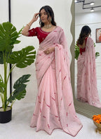 Prazu Fashion Baby Pink Thread Sequence Crunchy Silk Party Wear Saree | Grocsy