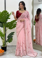 Prazu Fashion Baby Pink Thread Sequence Crunchy Silk Party Wear Saree | Grocsy