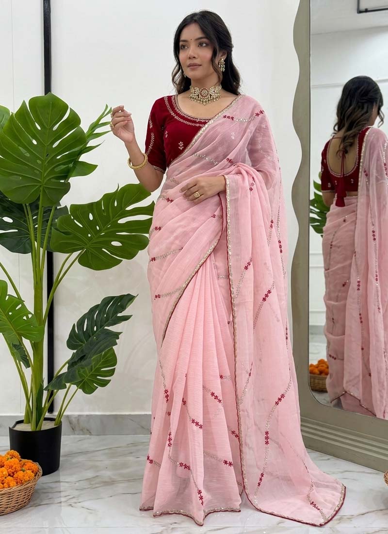Prazu Fashion Baby Pink Thread Sequence Crunchy Silk Party Wear Saree | Grocsy