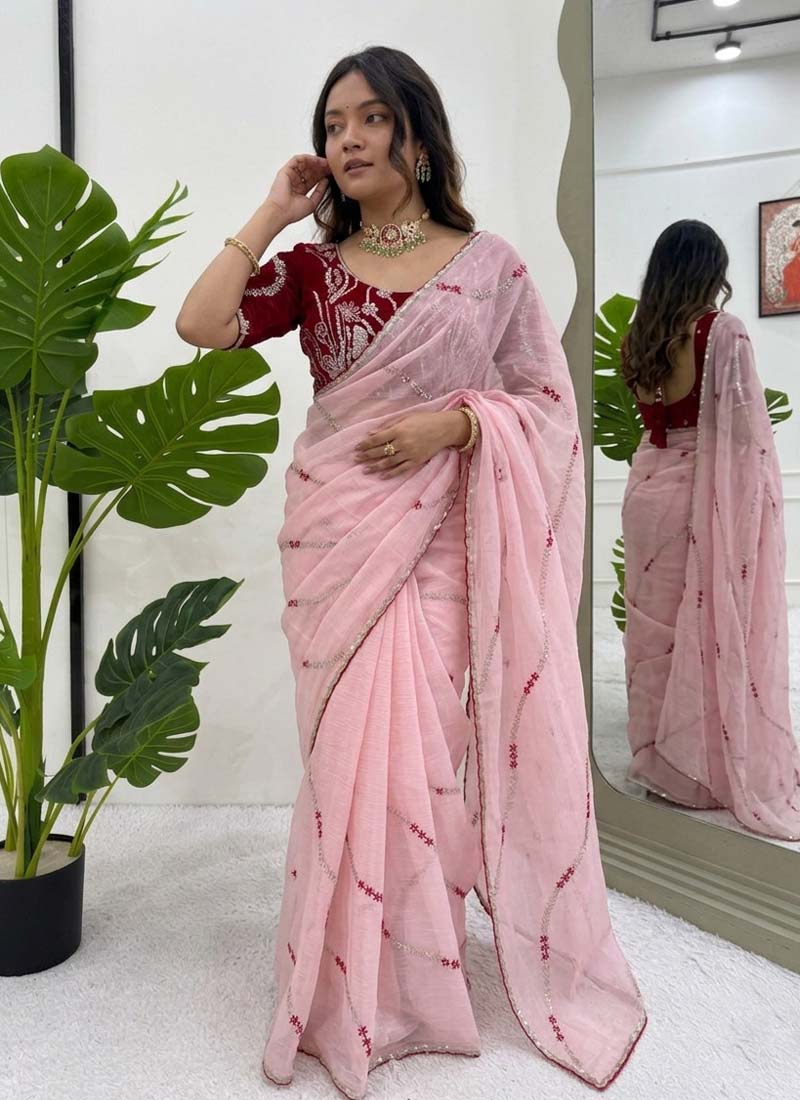 Prazu Fashion Baby Pink Thread Sequence Crunchy Silk Party Wear Saree | Grocsy