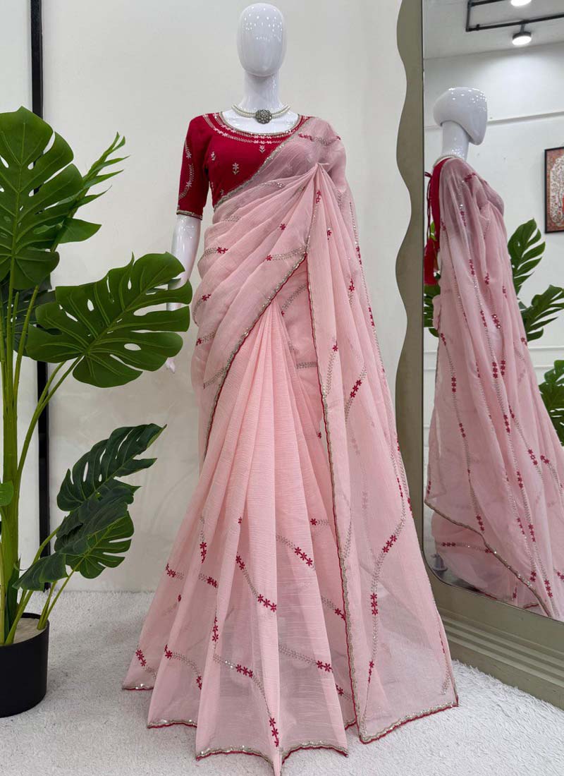 Prazu Fashion Baby Pink Thread Sequence Crunchy Silk Party Wear Saree | Grocsy