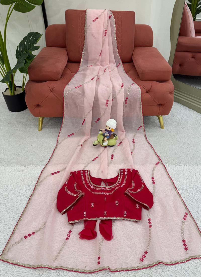 Prazu Fashion Baby Pink Thread Sequence Crunchy Silk Party Wear Saree | Grocsy