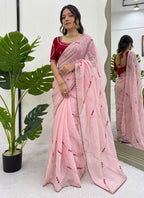 Prazu Fashion Baby Pink Thread Sequence Crunchy Silk Party Wear Saree | Grocsy