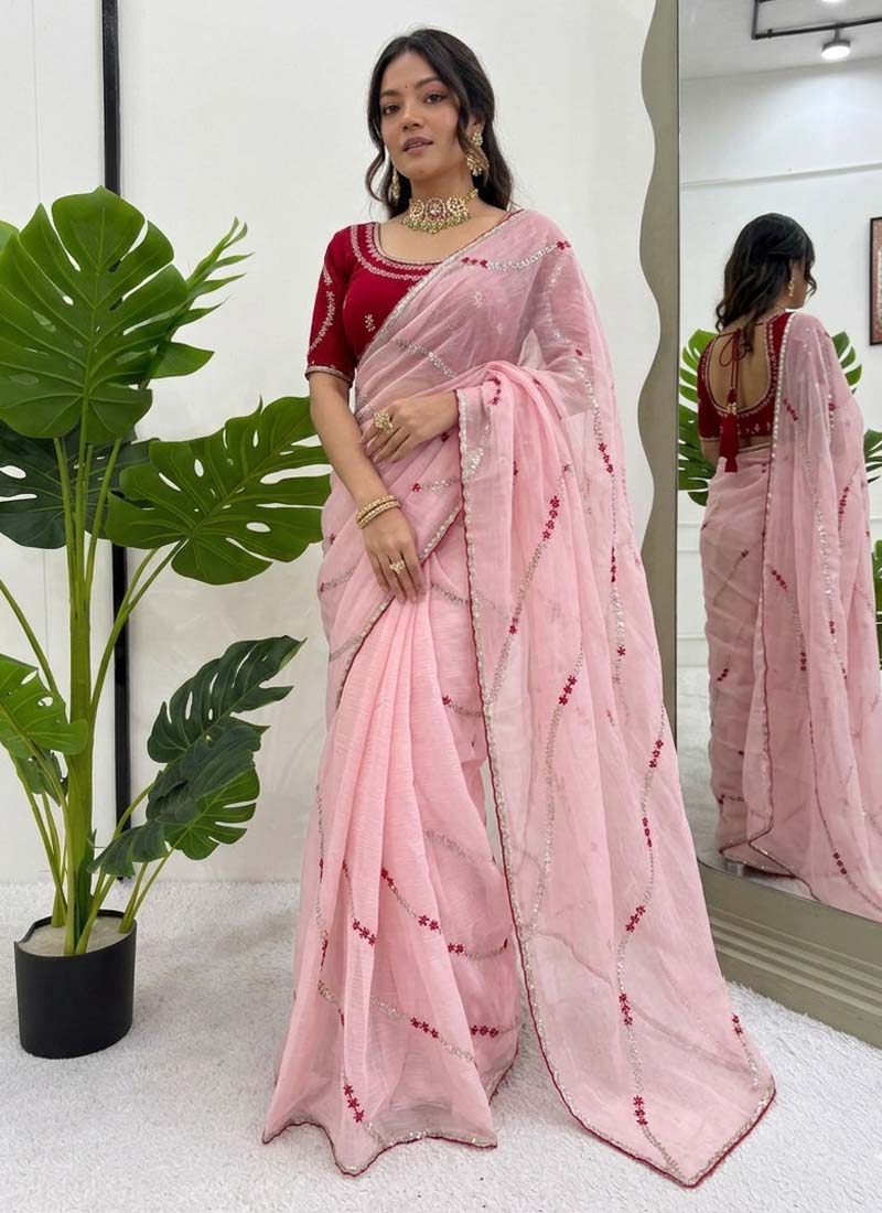 Prazu Fashion Baby Pink Thread Sequence Crunchy Silk Party Wear Saree | Grocsy