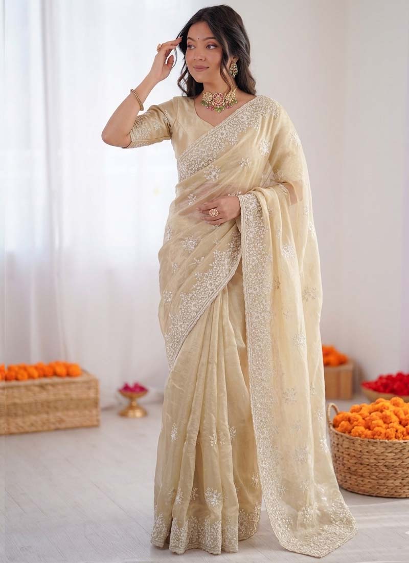 Prazu Fashion Cream Thread Work Organza Silk Party Wear Saree | Grocsy