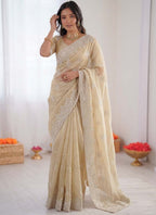 Prazu Fashion Cream Thread Work Organza Silk Party Wear Saree | Grocsy