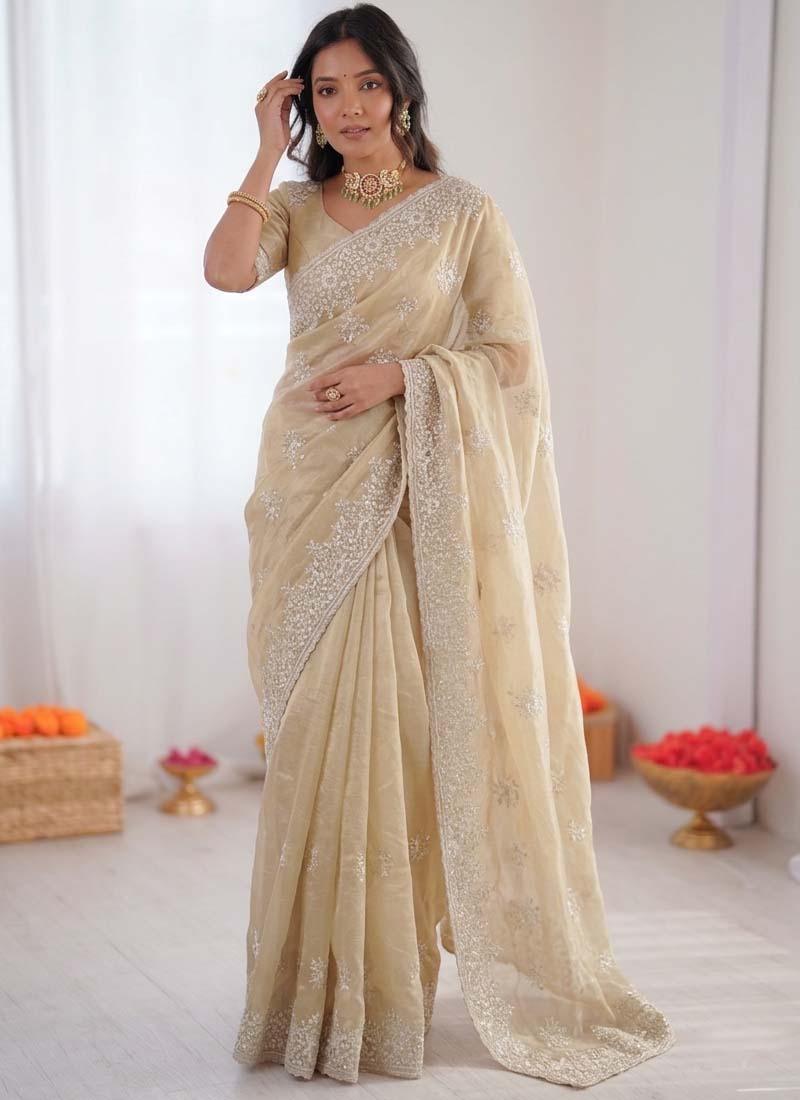 Prazu Fashion Cream Thread Work Organza Silk Party Wear Saree | Grocsy