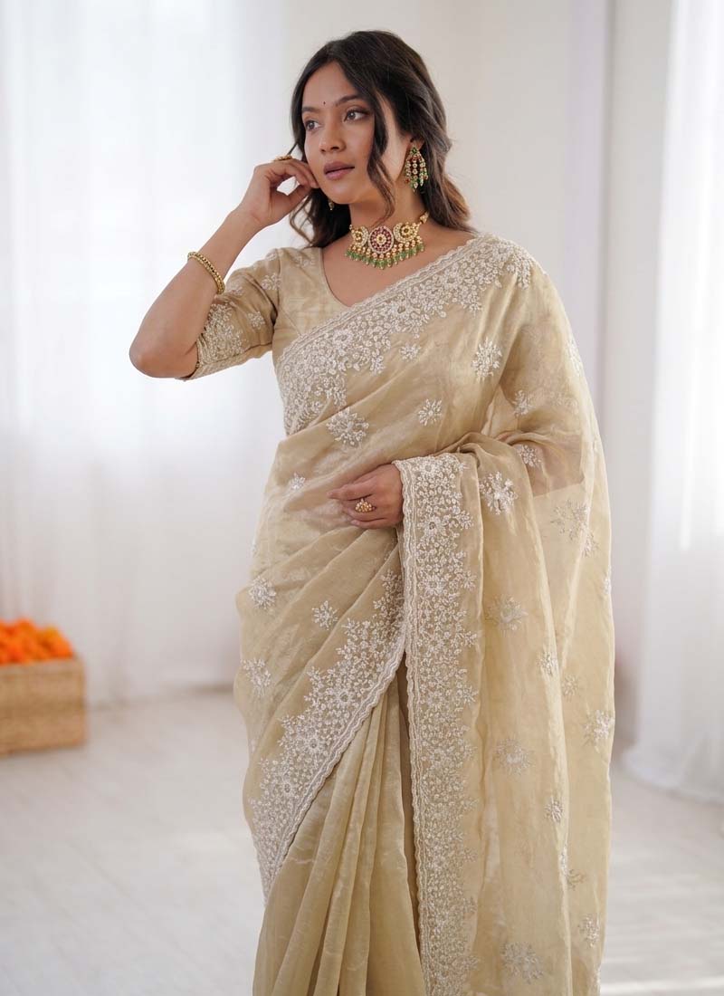 Prazu Fashion Cream Thread Work Organza Silk Party Wear Saree | Grocsy