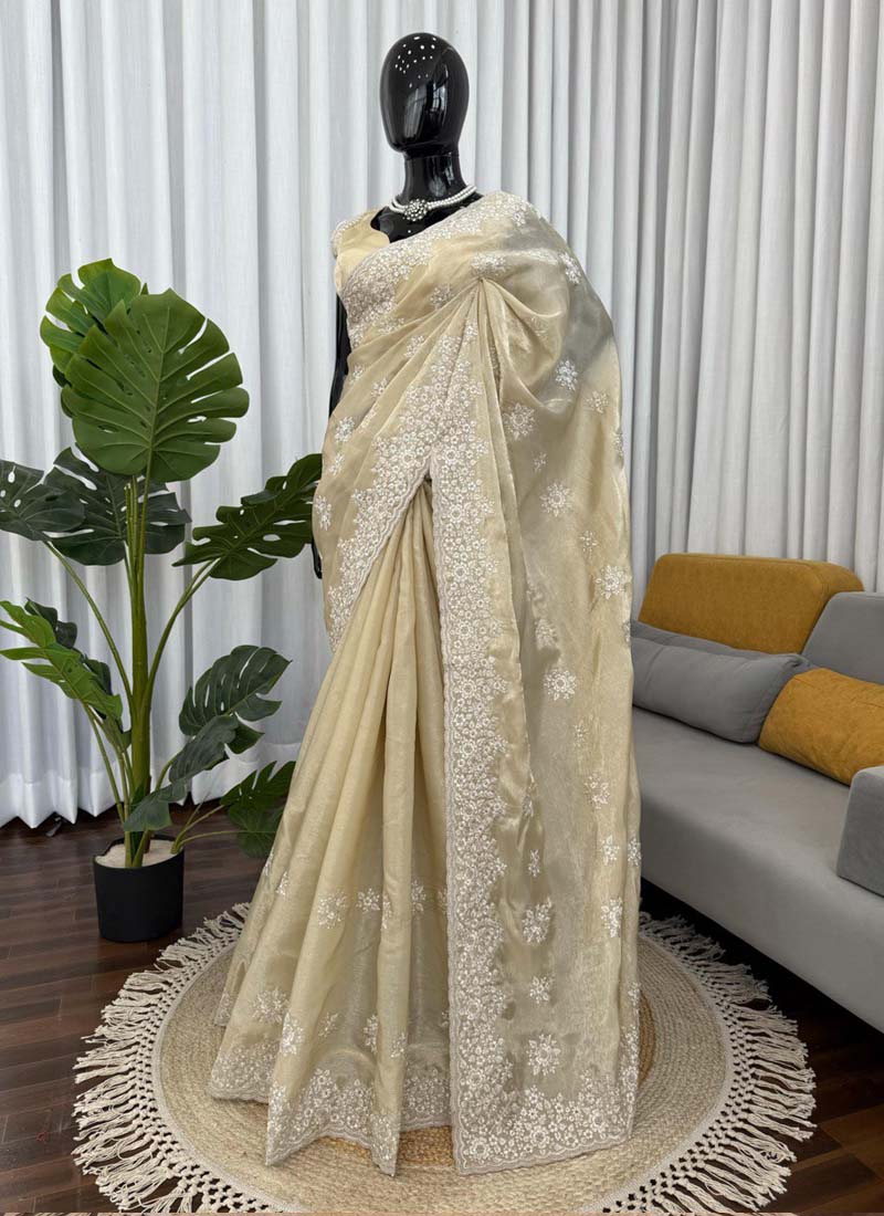 Prazu Fashion Cream Thread Work Organza Silk Party Wear Saree | Grocsy