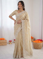 Prazu Fashion Cream Thread Work Organza Silk Party Wear Saree | Grocsy