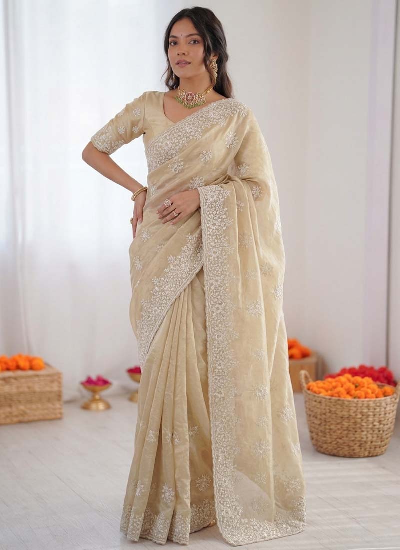 Prazu Fashion Cream Thread Work Organza Silk Party Wear Saree | Grocsy