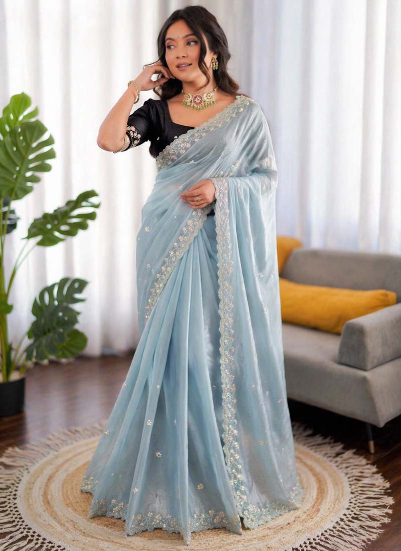 Prazu Fashion Sky Blue Sequence Beds Work Organza Silk Party Wear Saree | Grocsy
