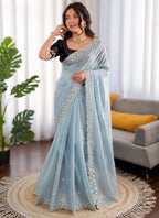 Prazu Fashion Sky Blue Sequence Beds Work Organza Silk Party Wear Saree | Grocsy