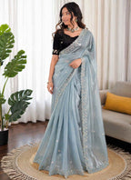 Prazu Fashion Sky Blue Sequence Beds Work Organza Silk Party Wear Saree | Grocsy