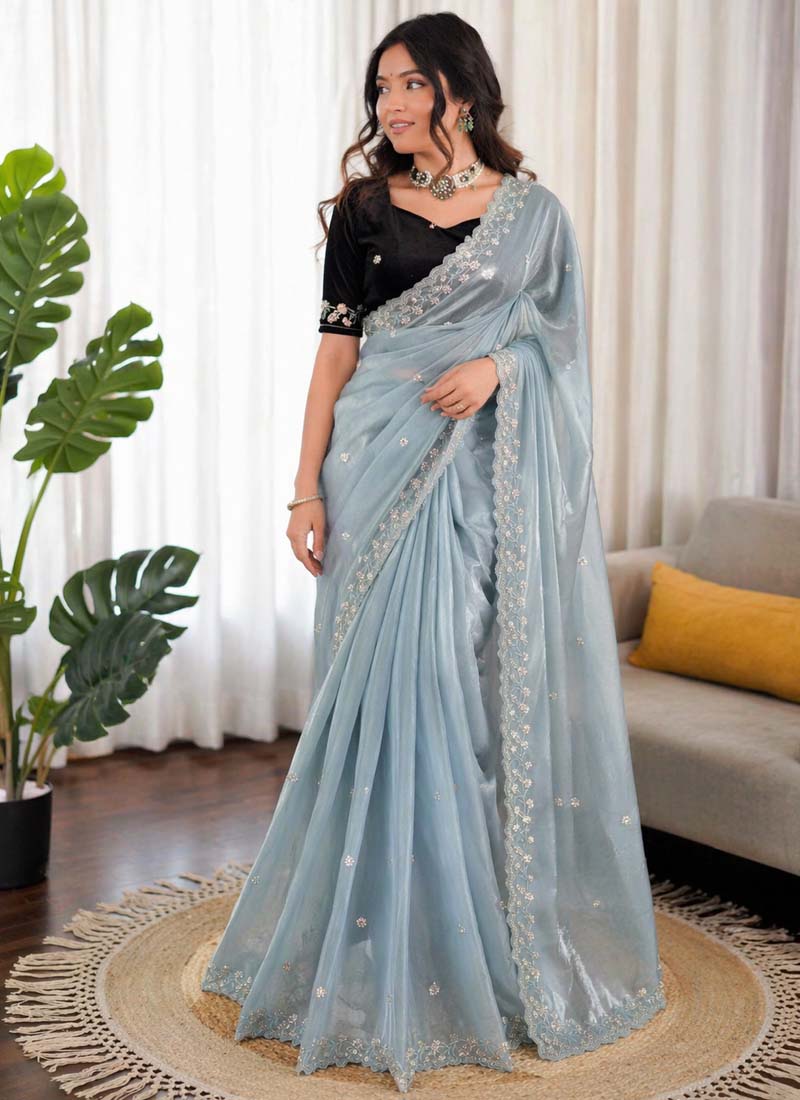 Prazu Fashion Sky Blue Sequence Beds Work Organza Silk Party Wear Saree | Grocsy