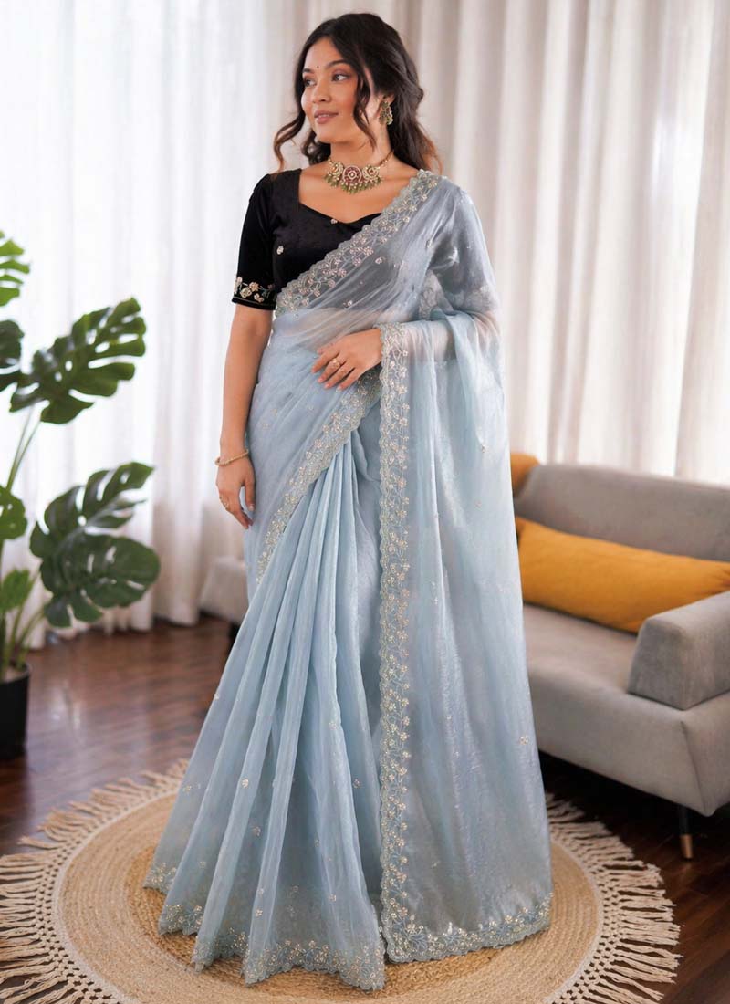 Prazu Fashion Sky Blue Sequence Beds Work Organza Silk Party Wear Saree | Grocsy