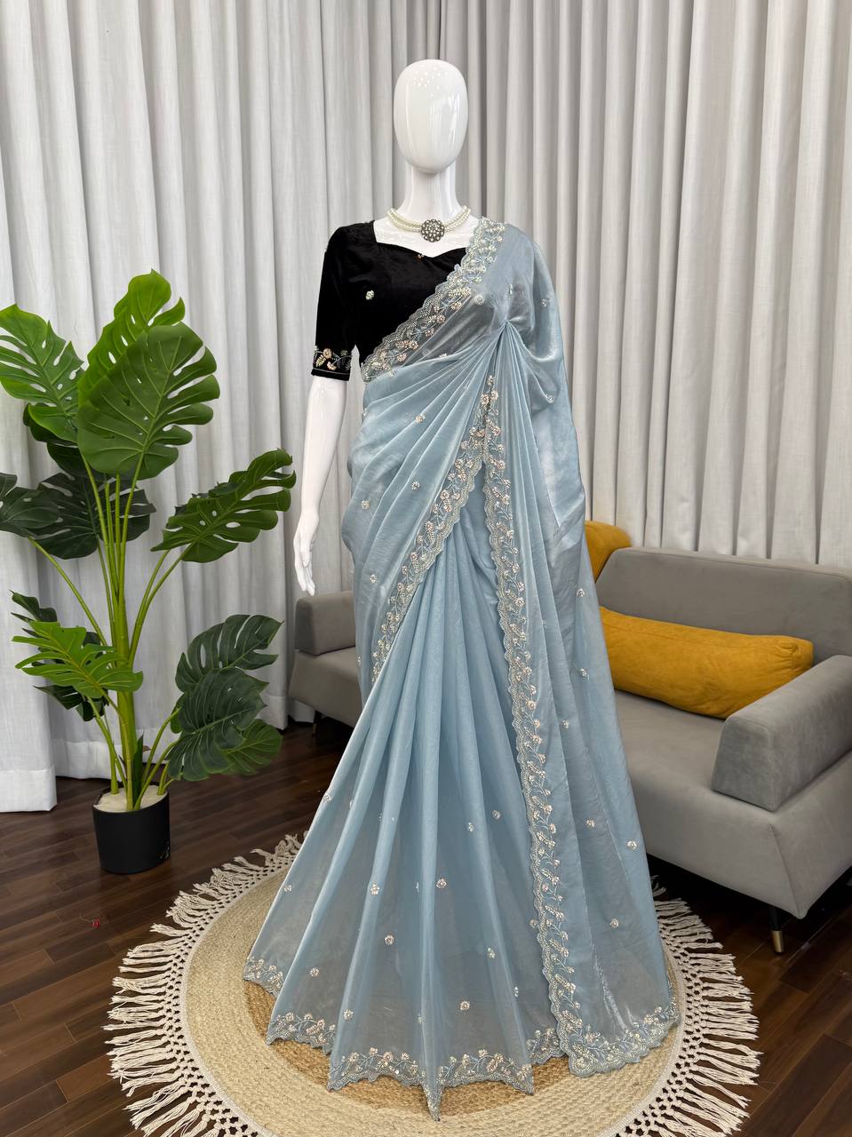 Prazu Fashion Sky Blue Sequence Beds Work Organza Silk Party Wear Saree | Grocsy