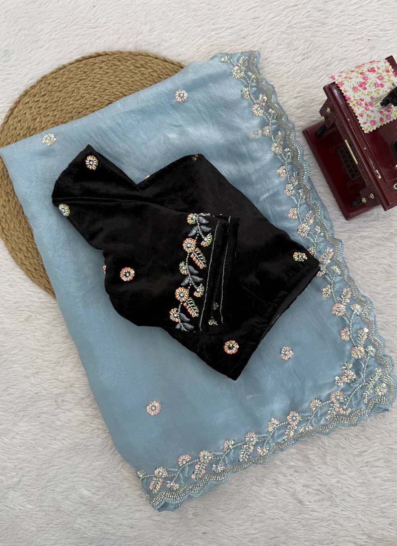 Prazu Fashion Sky Blue Sequence Beds Work Organza Silk Party Wear Saree | Grocsy