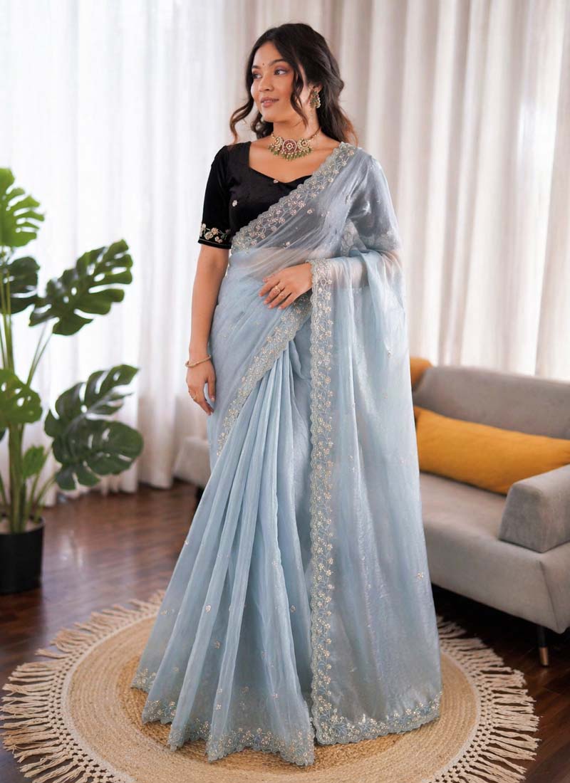 Prazu Fashion Sky Blue Sequence Beds Work Organza Silk Party Wear Saree | Grocsy